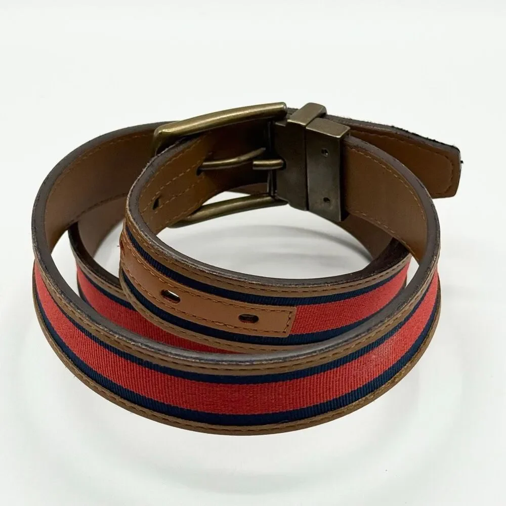 Columbia Genuine Leather Tan Belt Canvas Navy Blue Red Collegiate Men’s US 34 /